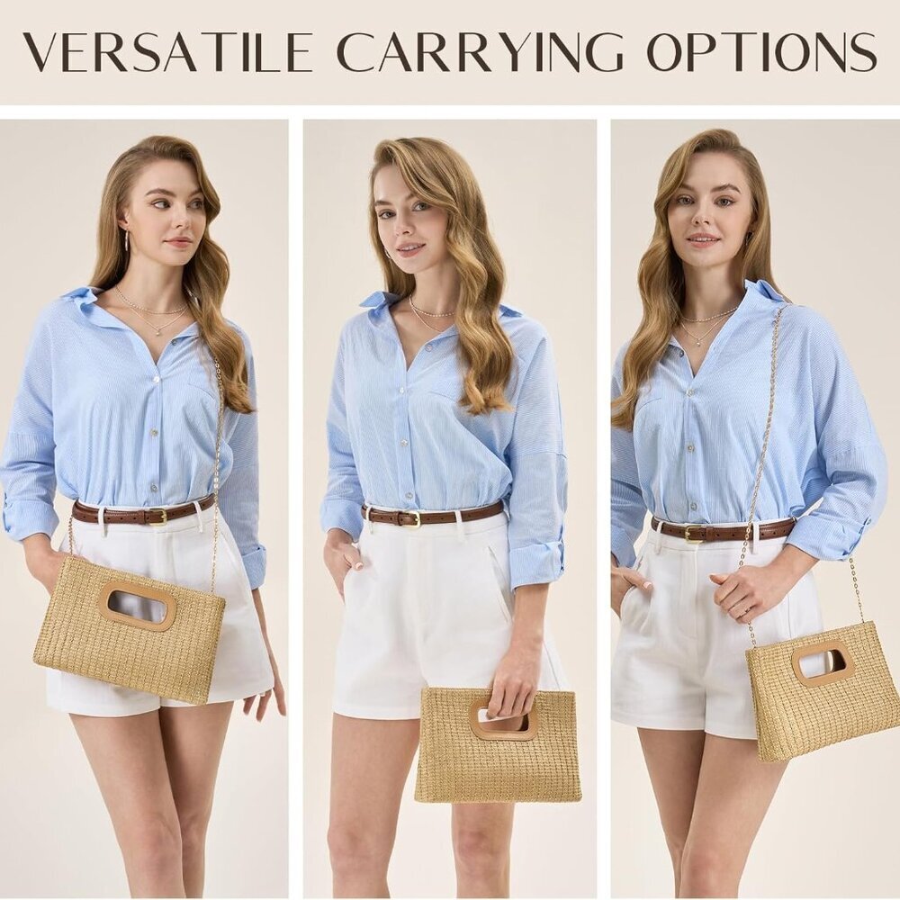 Chic Straw Clutch Purses for Women with Top Handle Summer Bag, Ideal Vacation Ha - Picture 4 of 6